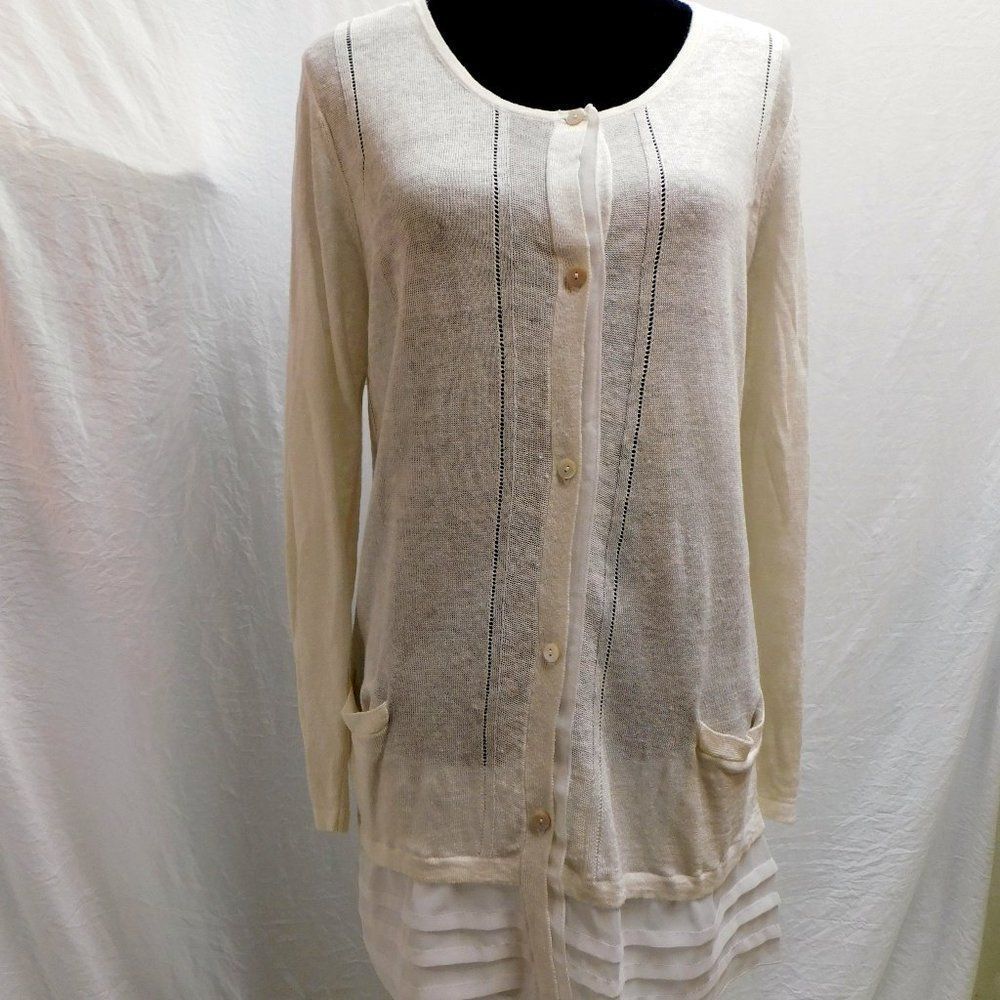 OST M White Mesh Accent Pointelle Cardigan Sweater NEW
